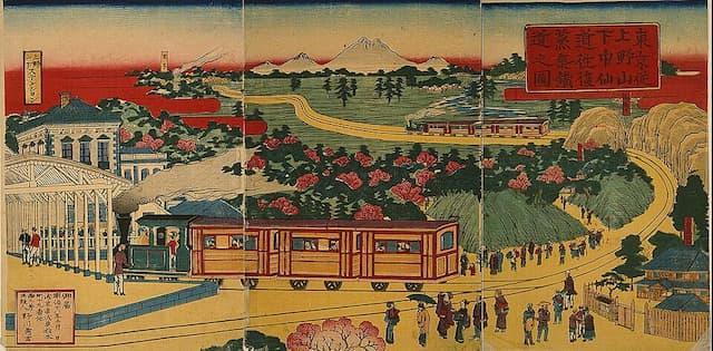 1883年、日本初の私鉄が上野〜熊谷間で開業した際の様子を描いたもの。パブリックドメイン。