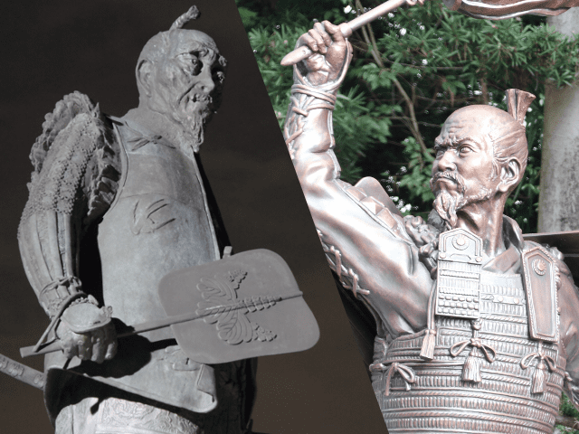 大阪城内にある豊臣秀吉公銅像（左）と、引間城の跡地に建つ東照宮にある家康公像（右）