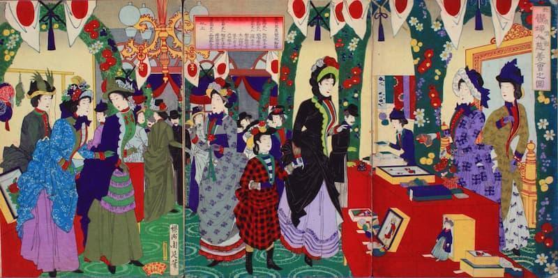 バザーの様子が描かれた『於鹿鳴館貴婦人慈善會之圖』。中央右、長身女性が大山捨松（出典：wikipedia、パブリックドメイン）
