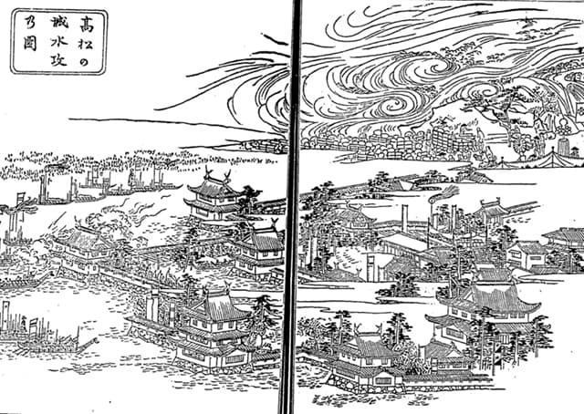高松城水攻めの図（『絵本太閤記』より。出典：国立国会図書館デジタルコレクション）