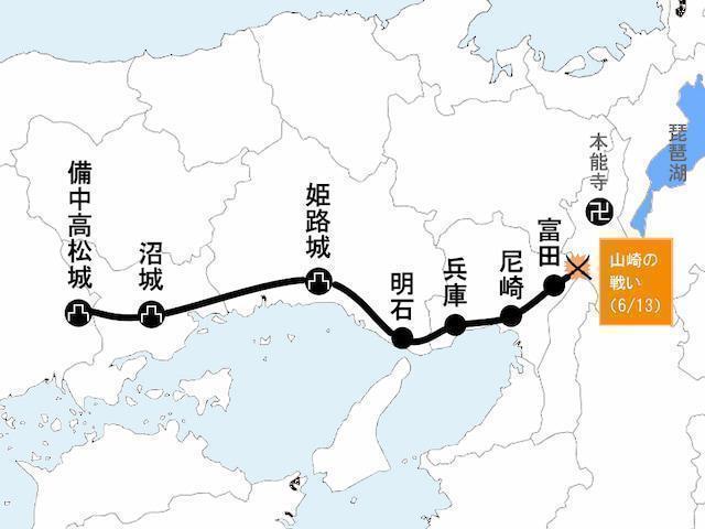 備中高松城からの進軍ルート（中国大返し）