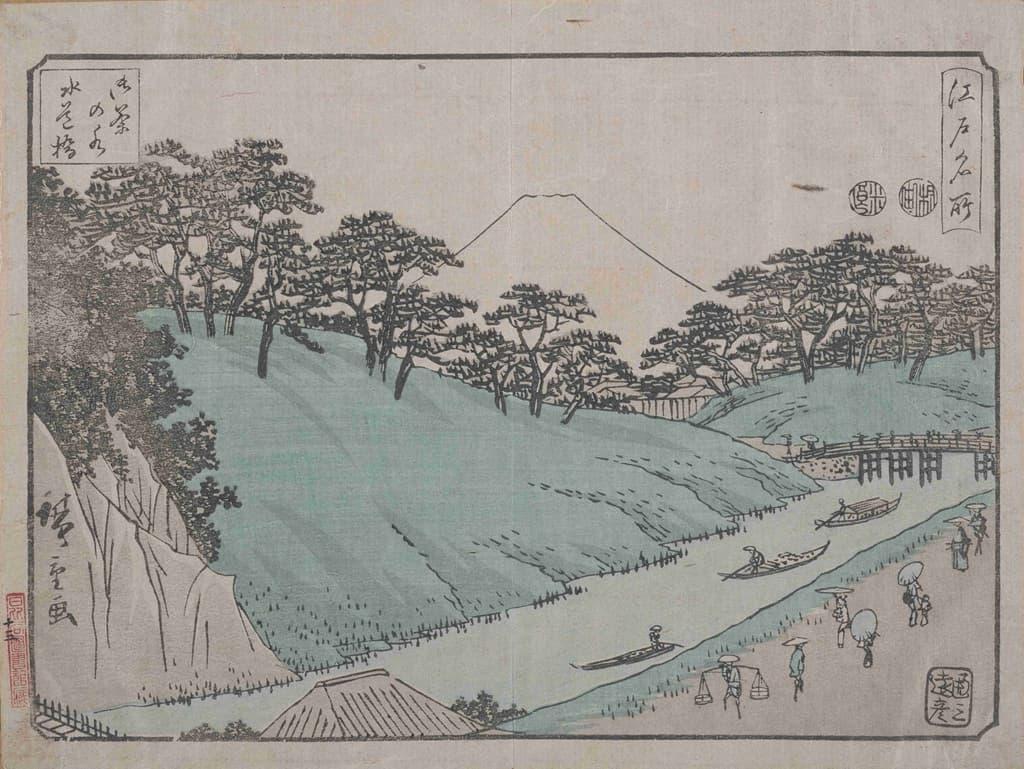 歌川広重 画「お茶の水水道橋」（『江戸名所図会』より。出典：東京都立図書館デジタルアーカイブ）