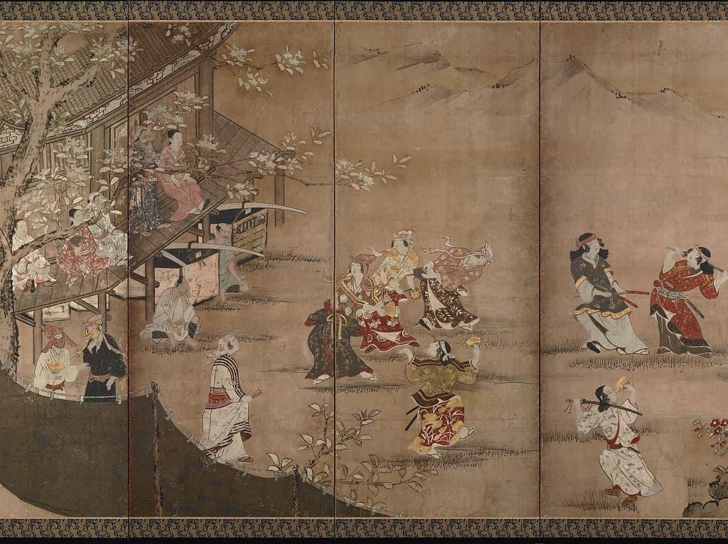 安土桃山時代の風流踊の様子が描かれた『花下遊楽図屏風』（出典：wikipedia）