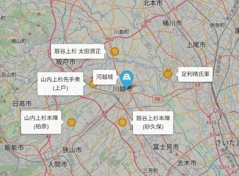 河越夜戦マップ。河越城周辺の丸にオレンジは敵の陣所（© OpenStreetMap contributors）