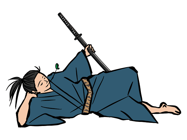 日本刀をもって横たわる武士