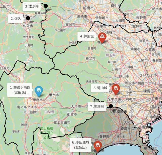 ※参考：信玄による小田原攻めの要所マップ。数字は武田軍の進路順。色塗部分は相模国（© OpenStreetMap contributors））
