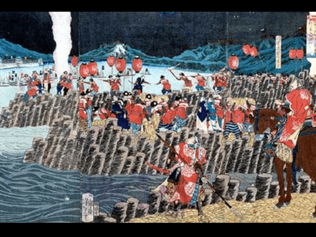 高松城水攻築堤の図（月岡芳年 画、出典：wikipedia）