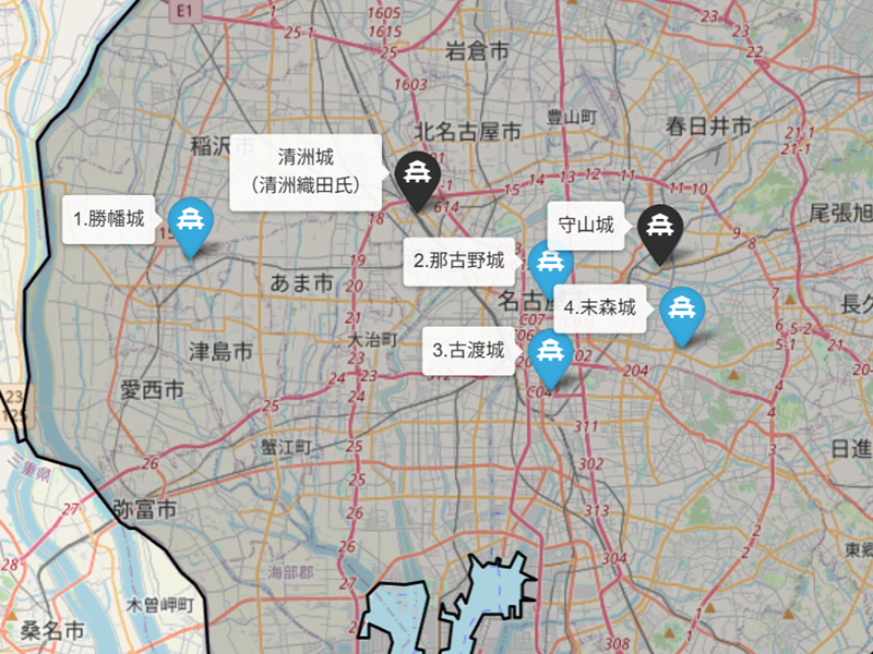 ※参考：織田信秀の居城（青マーカー、数字は移転順）と清洲・守山城の位置。色塗部分は尾張国（Leaflet | © OpenStreetMap contributors）
