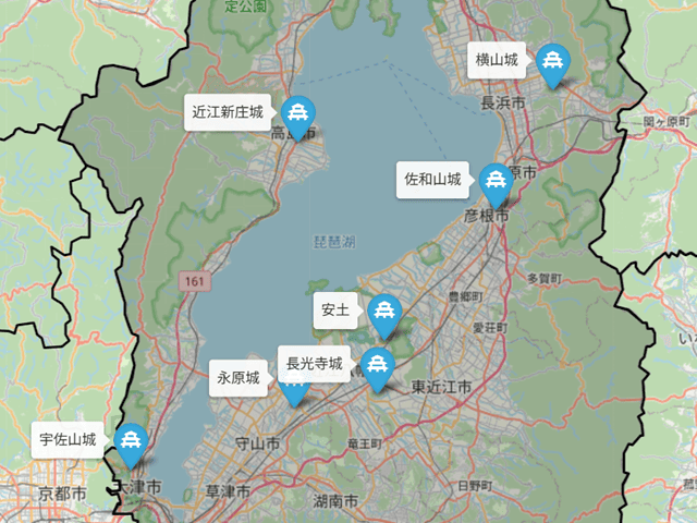 信長の近江支配体制マップ（1570～72年頃）。色塗部分は近江国（※戦国ヒストリー編集部作成。© OpenStreetMap contributors）