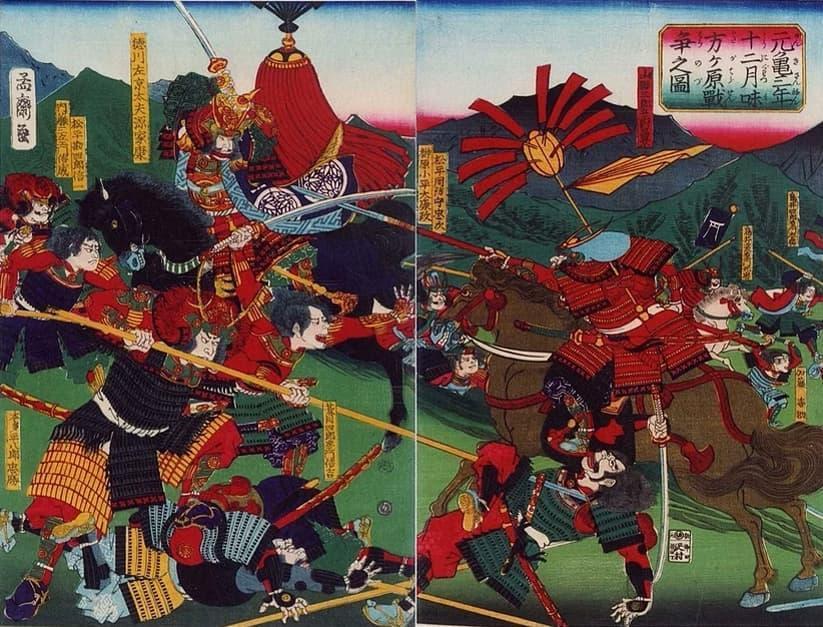 三方ヶ原の戦いを描いた錦絵。画像左上の人物が徳川家康。（歌川芳虎 画、出所：wikipedia）