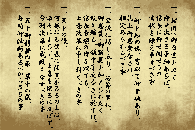信長が義昭に対して提示した「五カ条条書」（※イメージです）