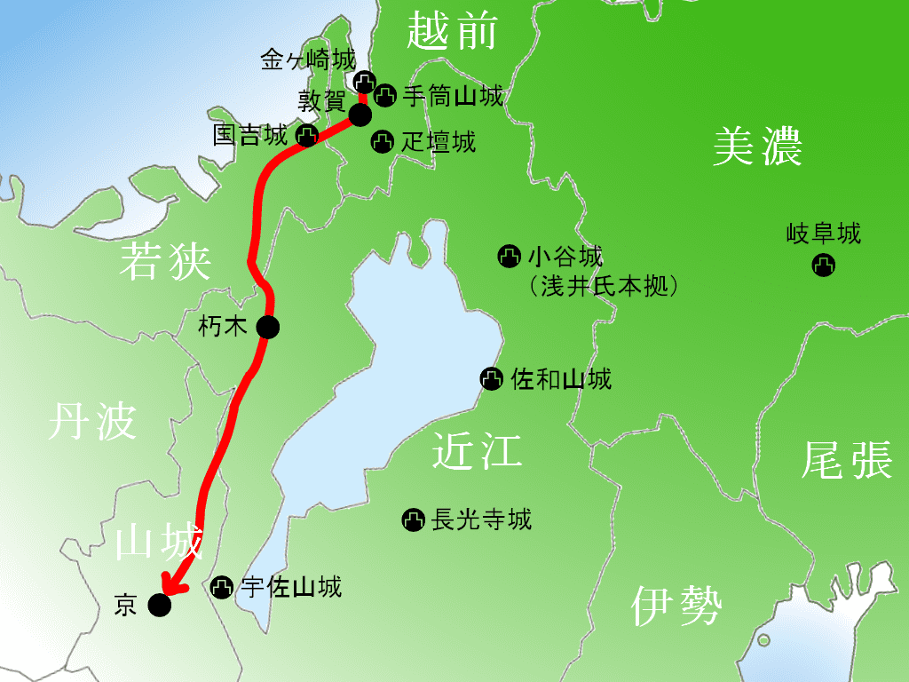 信長が京まで命からがら退却した「金ヶ崎の退き口」。赤線は信長の退路（推定）