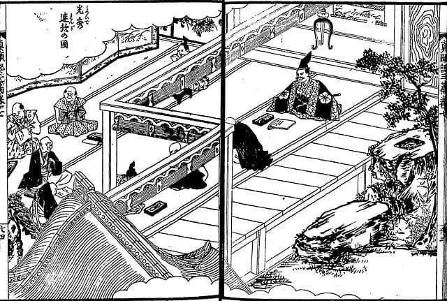 『絵本太閤記』光秀連歌の図
