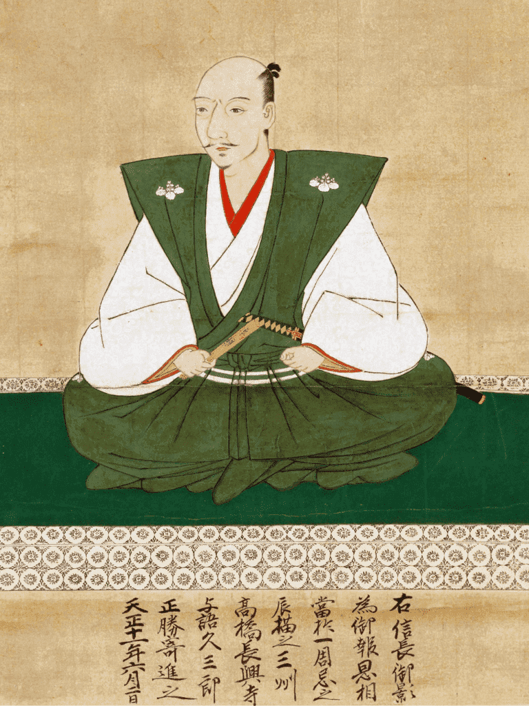 織田信長の肖像画（狩野元秀 画、長興寺蔵。出典：wikipedia(東京大学史料編纂所所蔵史料画像)）