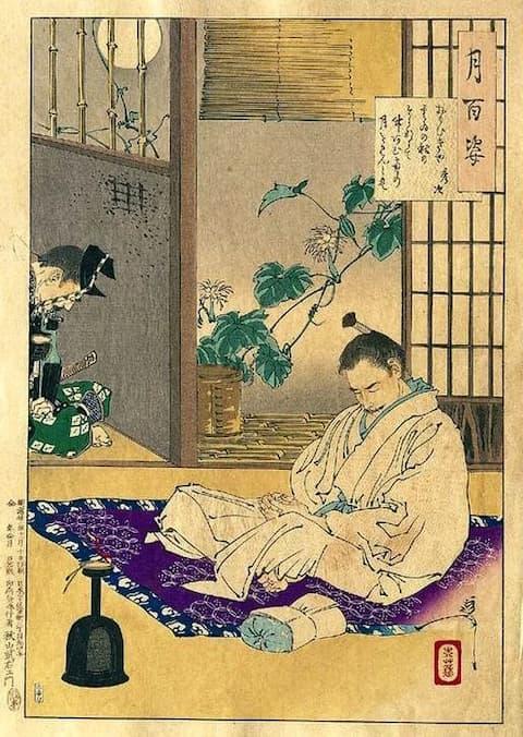 高野山での豊臣秀次を描いた『月百姿』（月岡芳年 画。パブリックドメイン）