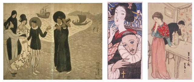 竹久夢二の作品　左より《邪宗渡来》、《麻利耶観音》（「婦人グラフ」より）、《生ける屍》